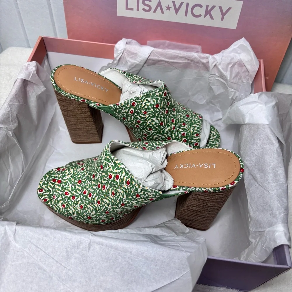 NWT Lisa Vicky Joy Green Botanical Print Platform Mule Clog Heels Size 9